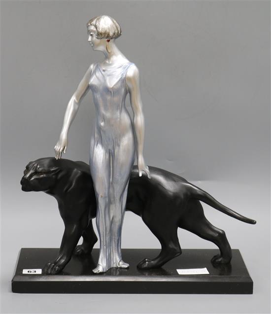 An Art Deco figural model of a lady and panther, signed Limousin height 45cm